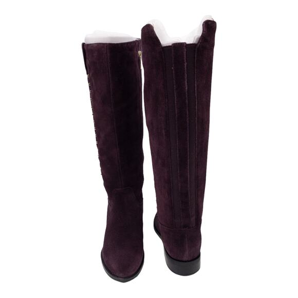 Marc Fisher Dark Red Secrit Suede Tall Silver Studded Wide Calf Heeled Boots 5 - Picture 5 of 10